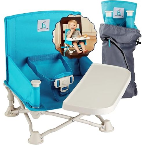 Hiccapop OmniBoost Travel Booster Seat with Tray for Baby | Folding Portable Seat for Dining Table, Camping, Beach, Grandma’s | Tip-Free Design Straps to Kitchen Chairs