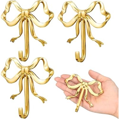 4 Pcs Gold Bow Knot Hooks Brass Bow Wall Door Hanger Towel Hooks Brass Coat Hanger Decorative Holder for Valentine's Day Wedding Bathroom Living Room Kitchen Decor (L)