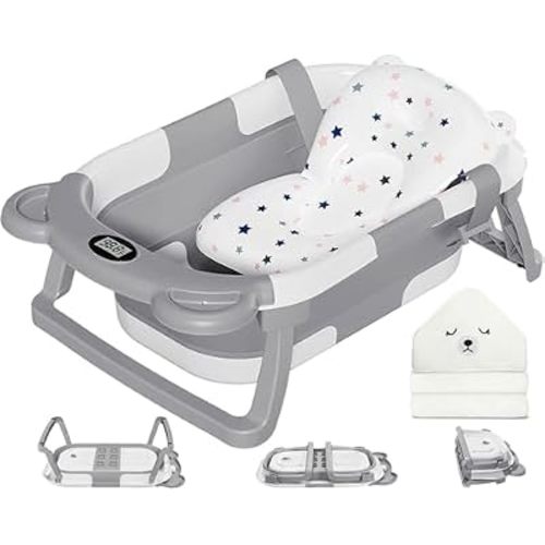 MoreFeel Collapsible Baby Bathtub for Newborn with Thermometer & 1 Hooded Towel & 1 Soft Floating Cushion,Portable Travel Bathtub with Drain Hole, Durable Foldable Baby Tubs for Infants to Toddler