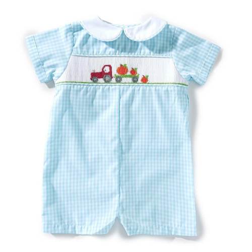 Petit Ami Baby Boys Short-Sleeve Smocked Pumpkin/Tractor-Motif Checked Romper