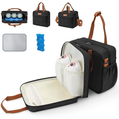 Detachable Breast Milk Cooler Travel Bag with Ice Pack, Double Layer Breast Pump Bag Compatible for Wearable Breast Pump, Portable Breastmilk Cooler Bag & Carrying Case with Waterproof Mat