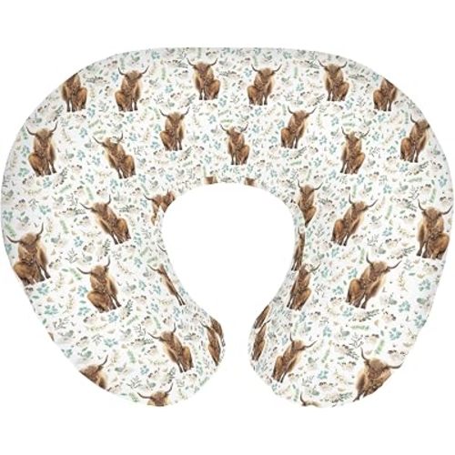 Boho Floral Highland Cow Baby Nursing Pillow Cover for Boy Girl Watercolor Cows Yak Cattle Wildflower Nursery Pillowcase for Breastfeeding Pillows Spring Farm Animal Soft Stretchy Slipcover for Infant