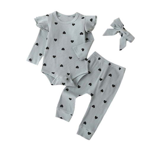 Pejock Newborn Toddler Infant Baby Girls Clothes Romper Pants Set Heart Print Ruffle Romper Pants Headband Clothes Suit, 3-6Months