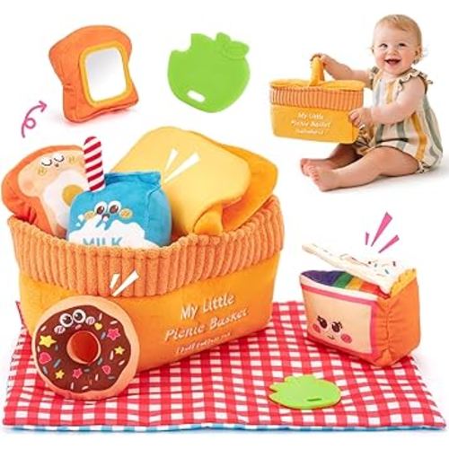 Hahaland Baby Toys 6-12 Months – Picnic Basket Sensory Toy with Crinkle, Rattles, Teether & Mirror, Montessori Play Food Plush for Early Development, Christmas Gifts for 1+ Years Boys & Girls