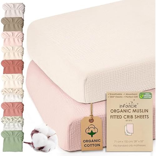 100% Organic Cotton Muslin Crib Sheets (Set of 2) – Soft & Breathable Fitted Sheets for Boys and Girls, Neutral Colors – Fits Standard Baby Crib Mattress (28 x 52 Inches)