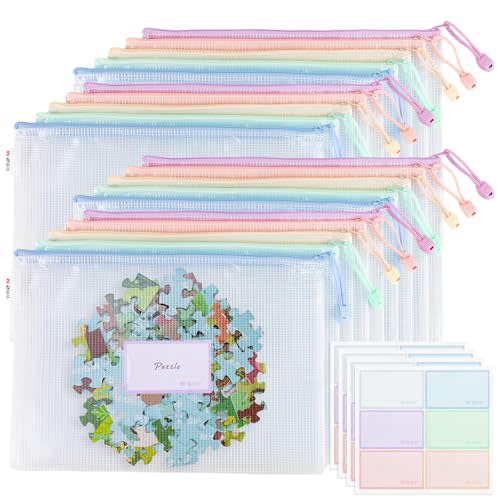 20pcs Mesh Zipper Pouch Bags File Puzzle Storage Bags, A4 Zipper Bags for Organizing Storage, Waterproof Zipper Pouches with Label Pocket, Board Games and Office Supplies (Macaroon Colors)