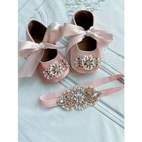 Dusty Pink Baby Shoes & Headband Set: Rose Gold Rhinestone Crib Shoes