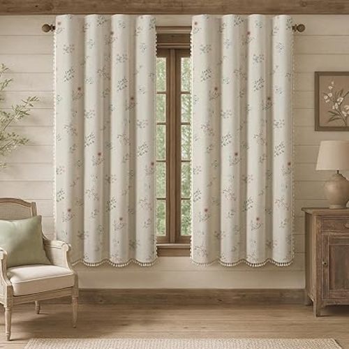 Boho Floral 100% Blackout Curtains 63 Inch Length 2 Panels Set, Linen Texture Farmhouse Curtains Beige Tassel for Living Room Bedroom Vintage Rustic Patterned Printed Western Rod Pocket