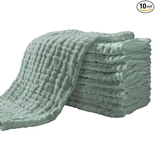 Yoofoss Muslin Burp Cloths for Baby 10 Pack 100% Organic Cotton Baby Washcloths for Boys Girls Large 20''X10'' Super Soft and Absorbent Dark Green