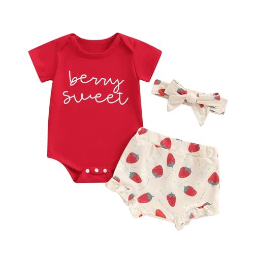 Newborn Baby Girl Summer Shorts Set Little Cutie/Berry Sweet Short Sleeve Romper Orange/Strawberry Shorts Outfit