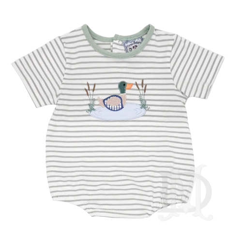 Pond Life Applique Knit Bubble | Baby Boy Sage Stripe Duck Outfit – Madison-Drake Children's Boutique