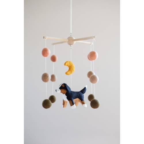 Bernese mountain dog and moon baby mobile, nursery decor, girl or boy dog mobile, pet lover gift, baby shower gift