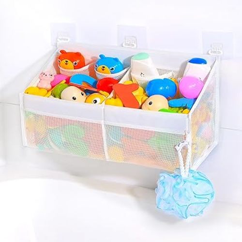 KPH Corner Bath Toy Organizer - Space-Saving 2-Compartment Bath Toy Storage, Mesh Bathroom Toy Holder for Kids, Durable Bathtub Organizer with Drain Holes