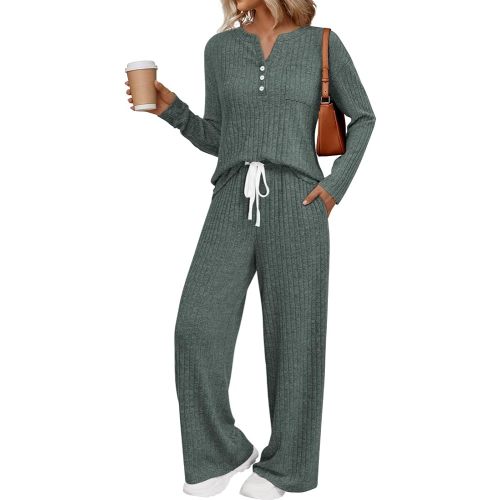 LILLUSORY Women's 2 Piece Lounge Sets 2026 Henley Top & Drawstring Wide Leg Pants with Pockets