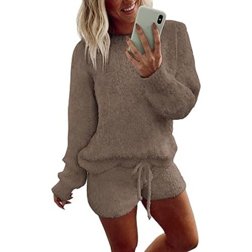 Ekouaer Fuzzy Fleece Pajamas 2 Piece Warm Soft Lounge Set Long Sleeve Sweater Top and Shorts Loungewear Outfits Sweatsuits