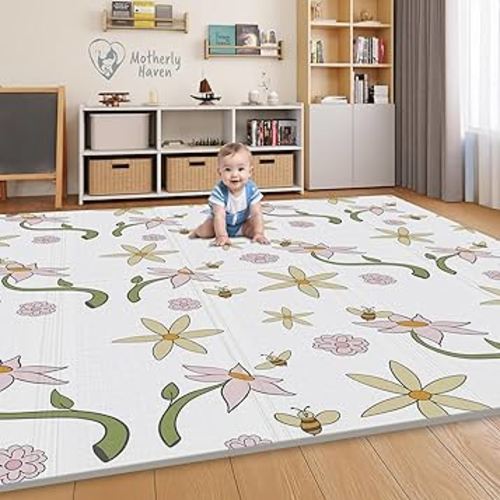 79x71 Foldable Baby Play Mat for Floor, Extra Large Reversible Foam Play Mat for Babies 6-12 Months, Waterproof Portable Foam PlayMat for Tummy Time for Toddler - Flower and Bees