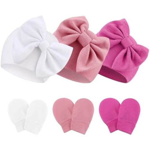 Newborn Baby Hats and Mittens Set Infant Bow Beanie Cap Toddler Gloves Newborn Hospital Hats for Baby Boy Girl 0-12 Months