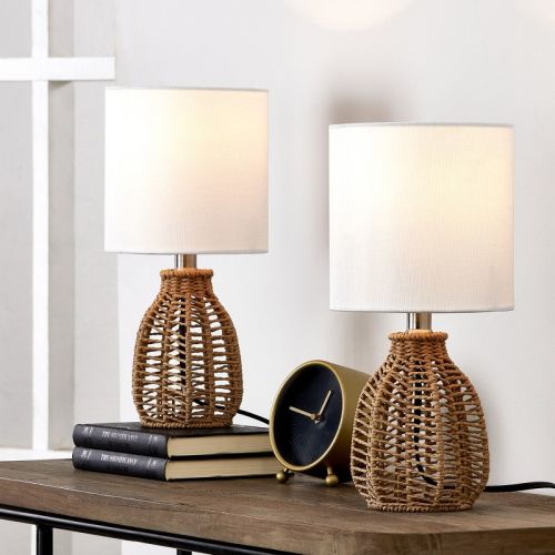 Maxax Natural Rattan Table Lamp Set of 2,Boho Woven Desk Lamp with Beige Fabric Shade for Bedroom, Living Room, Farmhouse Decor 2-Way 40W E26 Base,