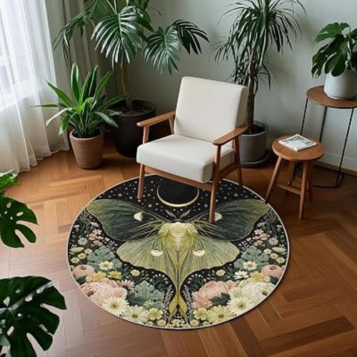 Moth Floral 4ft Round Area Rug Insect Circle Rug