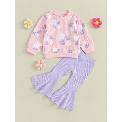 Loicainy Baby Kids Little Girl 2Pcs Fall Outfits 6 12 24 Months 2T 3T 4T 5T Long Sleeve Floral Print Pullover Tops + Flare Pants Set Toddler Spring Clothes Set