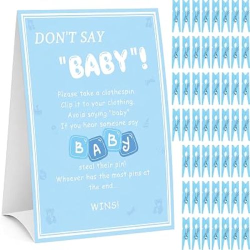 Don't Say Baby Game, Baby Shower Games Boy, 1 Sign and 60 Blue Mini Clothespins, 8 x 11 in Sign, Shower Game Decorations Ideas, Gender Reveal Party Favors