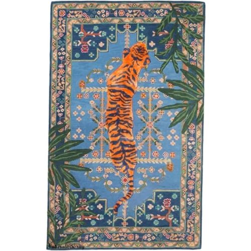 Bengal Tiger Animal Print Wool Area Rug Handmade Featuring Symmetrical Palm Leaves Design - Ideal for Living Room Bedroom Kids Room & Office (Orange, 5'x8')