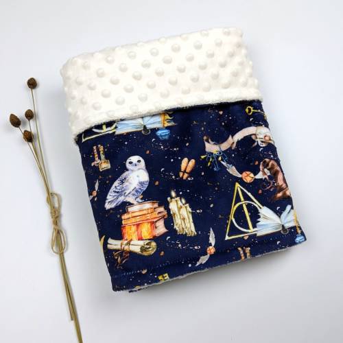 Personalized little wizard blanket, magic owl custom swaddle, wizarding school gift, hp white owl bedding, school of magic harry nursery