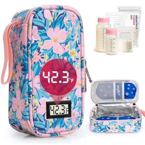 DawnBox Breast Milk Cooler Travel Bag with Real-Time Temp Display - Holds 20oz Breastmilk Storage Bag & Cooling, Portable Breast Milk Cooler Bags with 2 Ice Packs for Breastmilk Storage (Flower)