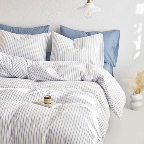 Wake In Cloud - Striped Cotton Duvet Cover Set, Ticking Stripe Vertical Pinstripe Farmhouse, 100% Washed Cotton Textured Percale Bedding Set, 3 Pieces, Blue White, Twin Size