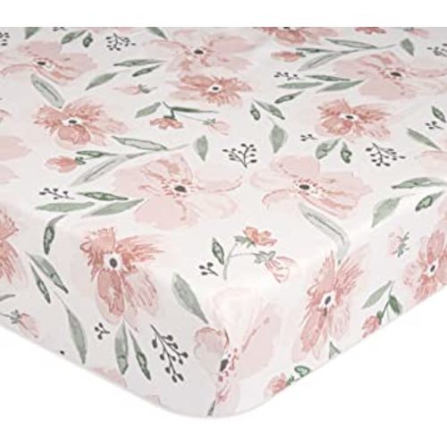 Crane Baby Soft Cotton Crib Mattress Sheet, Fitted Crib Sheet for Boys and Girls, Pink Floral, 28”w x 52”h x 9”d, Multicolor, Small Single