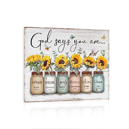 Inspirational Bible Verse Wall Art: God Says You Are Wall Sayings Sunflower in Mason Jar Picture Print Christian Gift Quotes Poster for Women Girl Bedroom Decor 12" x 15"