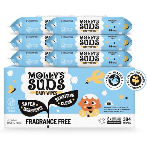 Molly's Suds Toallitas limpias para bebés sensibles | 99% de agua, a base de plantas, sin fragancia | 384 toallitas en total (6 paquetes abatibles)