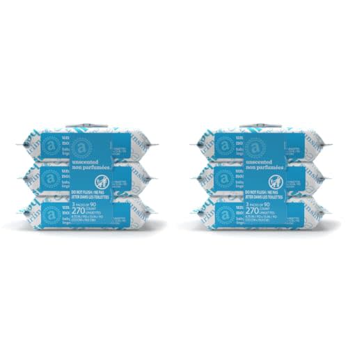 Amazon Elements Baby Wipes, Unscented, Hypoallergenic, Alcohol-Free, With Aloe and Vitamin E, 270 Count, Flip-Top Packs (Pack of 2)
