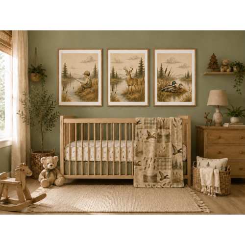 Set of 3 Baby Boy Nursery Art Prints Woodland Nursery, Fishing, Deer, Ducks in Neutral Earth Colors