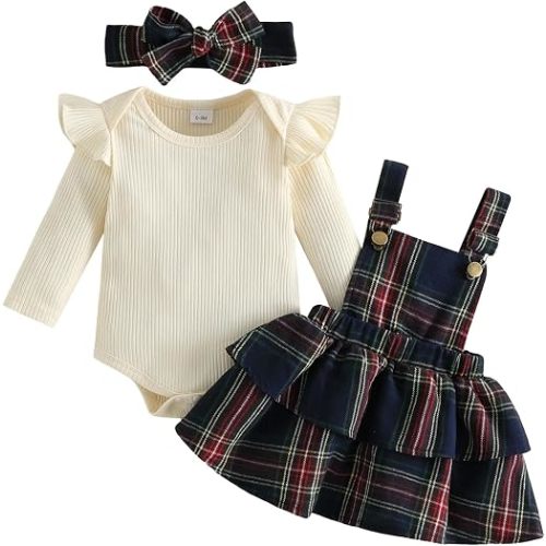 Mubineo Baby Girl Christmas Clothes Plaid Outfits Long Sleeve Romper Overall Skirt Dress Cute Newborn Outfit