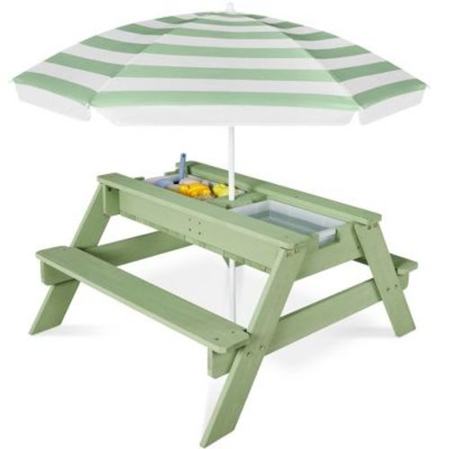 Best Choice Products Kids 3-in-1 Outdoor Sand and Water Activity Picnic Table with Umbrella - Sage