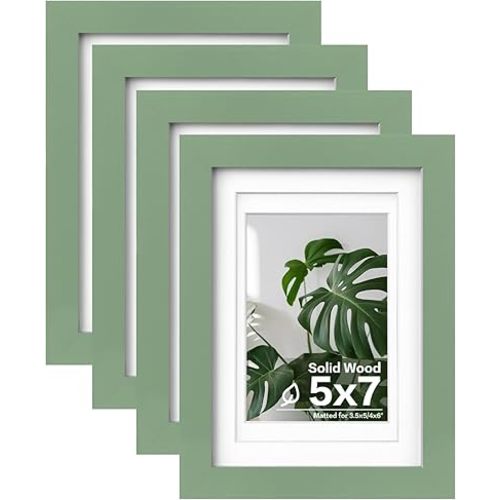 Egofine 5x7 Picture Frame 4PCS Made of Solid Wood, Display Pictures 3.5x5/4x6 with Mat or 5x7 Without Mat Covered by Plexiglass for Table Top Display and Wall Mounting Photo Frame, Green
