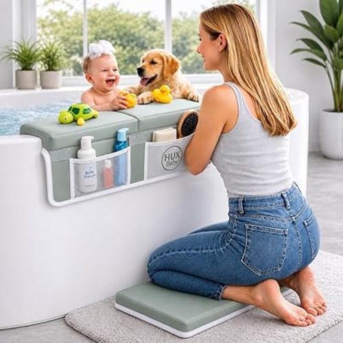 Comfortable Baby Bath Kneeler and Elbow Rest Pad Set, Non-Slip Bathtub Kneeling Pad for Bathing Baby, Bath Tub Cushion Mat, Elbow Pads, Toy Organizer Storage Pockets, Strong Suction Cups (Green Gray)
