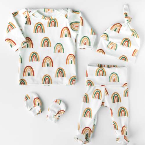 Rainbow Baby Outfit Set Pants Shirt Hat and Mittens