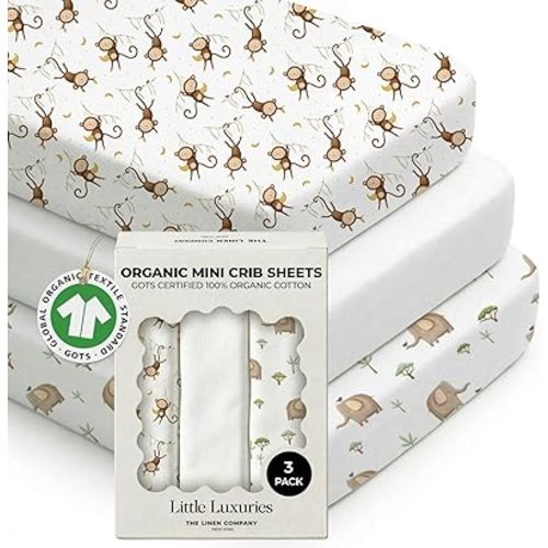 100% Organic Cotton Mini Crib Sheets (3-Pack) – GOTS Certified, Soft Fitted Sheets for Mini Mattress & Pack n Play, 5 in Deep Pocket with Secure Elastic Fit, Boys & Girls, (27" x 39") Safari