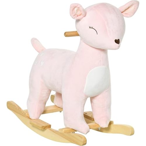 Qaba Kids Plush Ride-On Rocking Horse Deer-Shaped Plush Toy Rocker with Realistic Sounds for Child 36-72 Months Pink