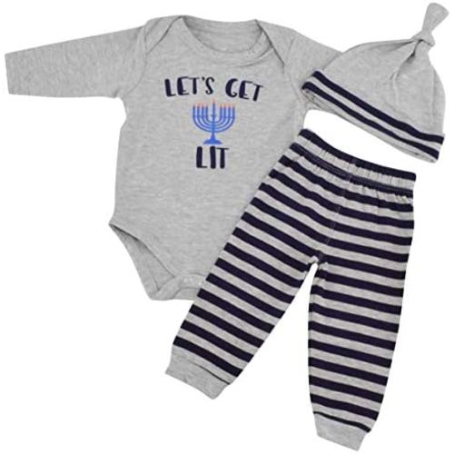 Baby Boys Girls 3pc Outfit Set Long Sleeve Bodysuit with Pants and Cap