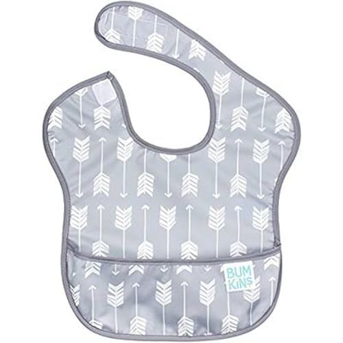 Bumkins Bibs for Girl or Boy, SuperBib Baby and Toddler for 6-24 Mos, Essential Must Have for Eating, Feeding, Baby Led Weaning Supplies, Mess Saving Catch Food, Waterproof Soft Fabric, Gray Arrows