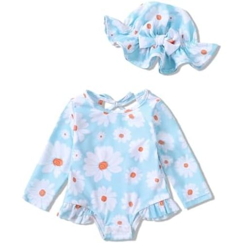 SUNNY PIGGY Baby Girls One Piece Swimsuit Long Sleeve Floral Bathing Suit+Hat 2Pcs