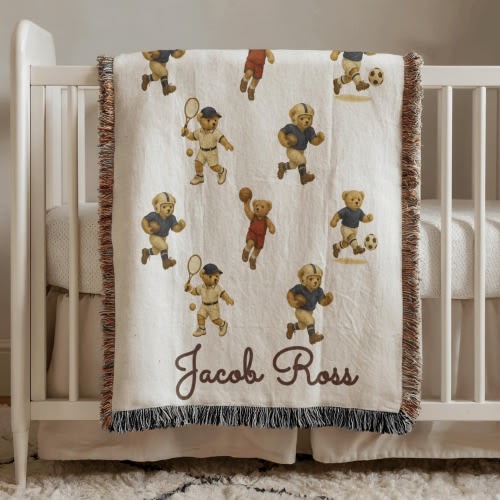 Personalized Sports Teddy Bear Blanket Custom Vintage Style Bear Baby Gift Nursery Decor Bedroom Cozy Vintage Style Plaid Woven Blanket bear