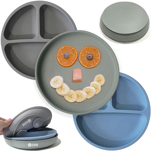 Clover Clover Suction Plates for Babies & Toddlers -100% Food-Grade Silicone, Baby Led Weaning Supplies, Microwave & Dishwasher Safe, 2 Divided Design & 1 Classic Design Plates (3 Pack)