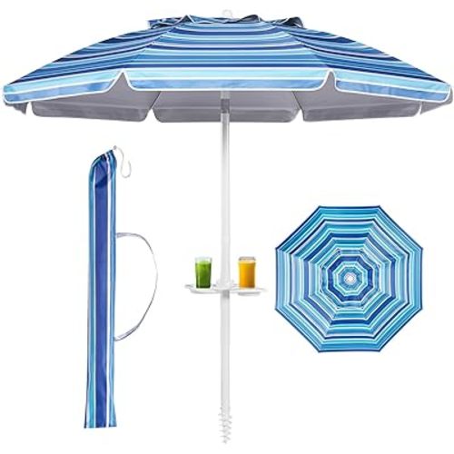 Aoxun 6.5ft Beach Umbrella with Tray and Tilt Pole Portable Patio Umbrella with Sand Anchor and Carry Bag Outdoor UPF 50+ Sun Shelter with Air Vents Design (Navy Blue)