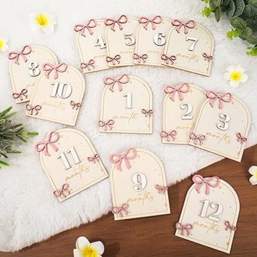 JarThenaAMCS 12Pcs Wooden Baby Monthly Milestone Cards Coquette Pink Bow Marker Discs Announcement Sign Newborn Photo Props for Pregnancy Baby Shower Party Favors