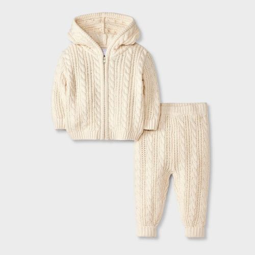 Grayson Mini Baby Cable Zip-up Sweater Set - Cream Newborn
