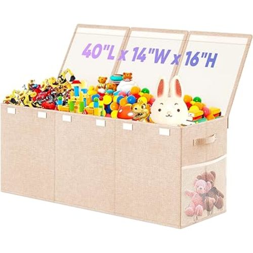 Large Toy Storage Box with Lid, Dividers, Collapsible Kids Toy Chest, Beige